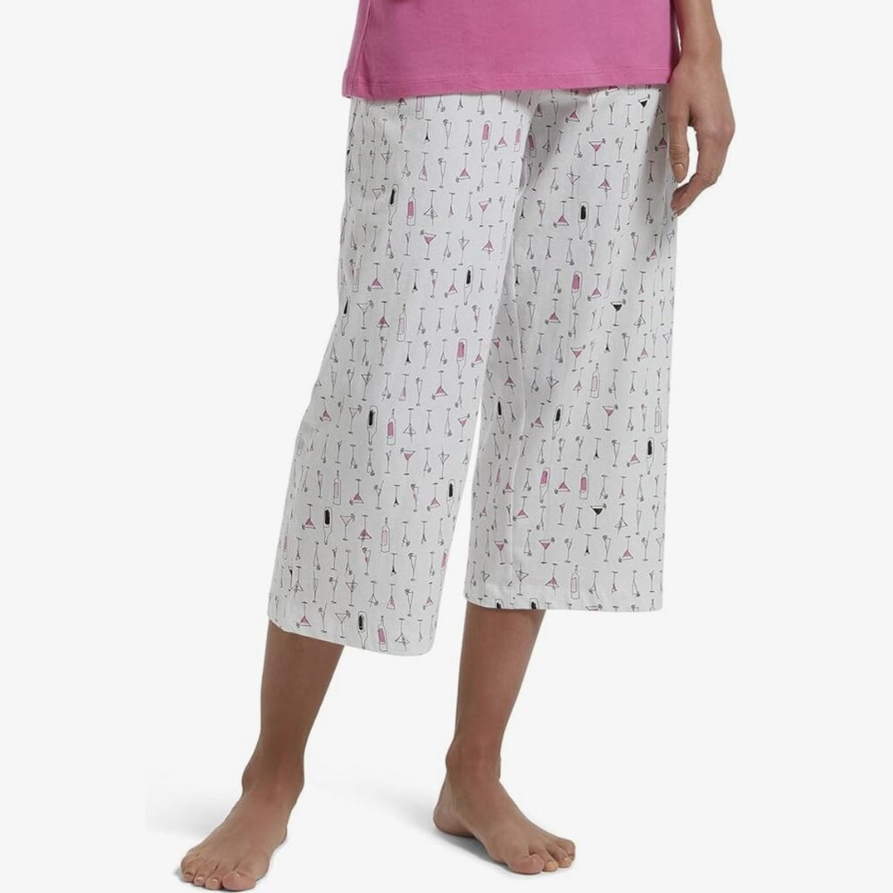 HUE Printed Capri Pajama Sleep Pant, White - Icy Margarita